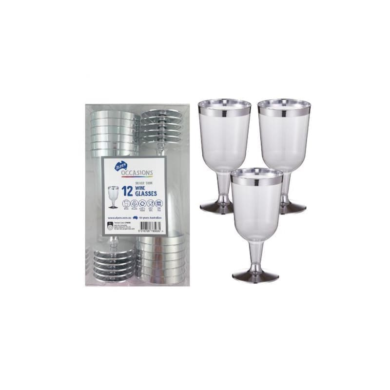 Wine Glass Plastic175ml Silver Trim Pk12