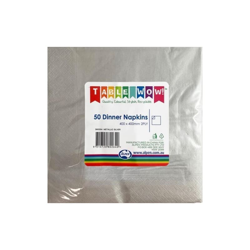 Napkins Dinner 400mm Met Silver Pk50