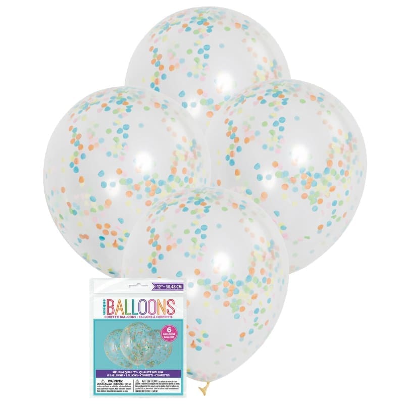 Balloons 30cm Clear Multi Confetti Pk6