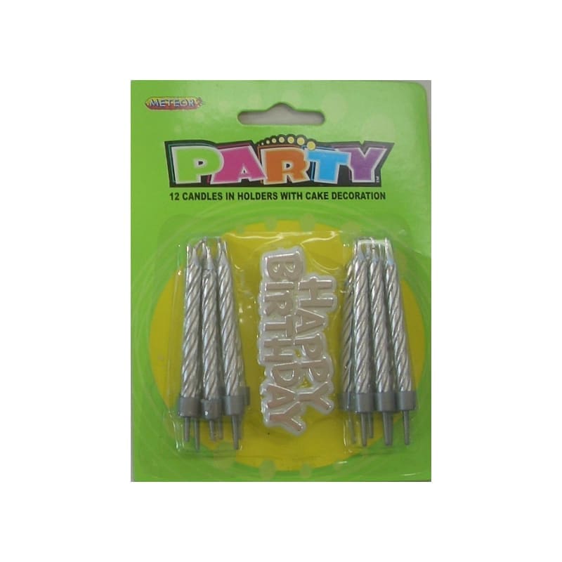 Candles & Holders Birthday Silver Pk12