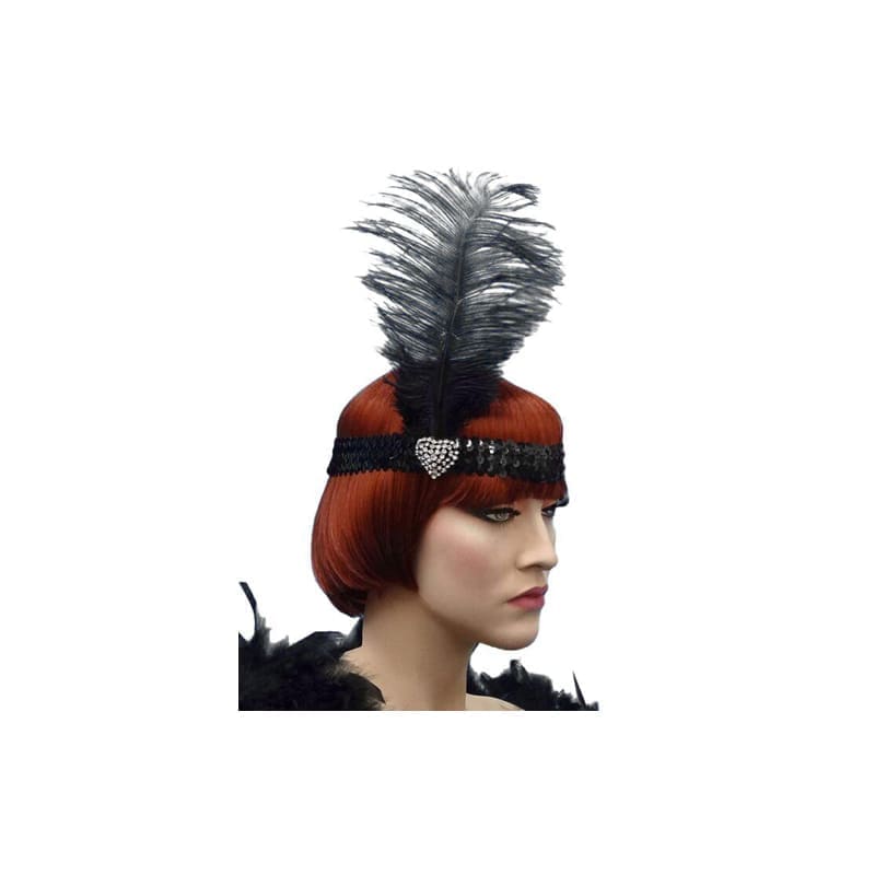 Head Band Feather Flapper Black Crystal