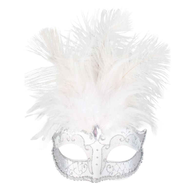 Mask Carmela White & Silver with Feather