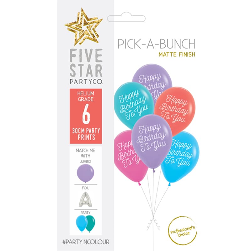 Balloons 30cm 2 Sided Bday Script Br Pk6