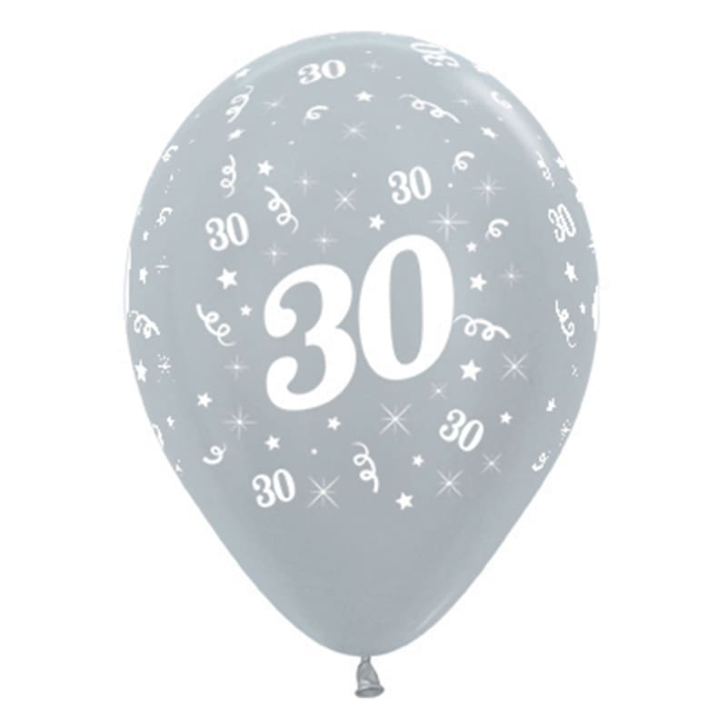 Balloons 30cm AOP 30th Silver Pk6