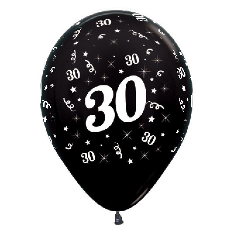 Balloons 30cm AOP 30th Black Pk6