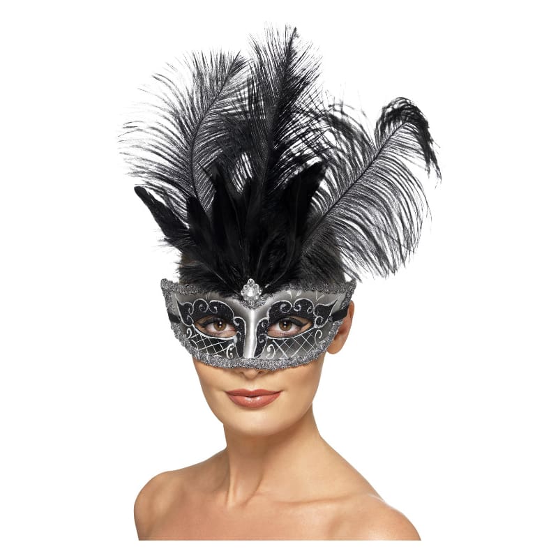 Mask Venetian Colombina Black Silver Fea