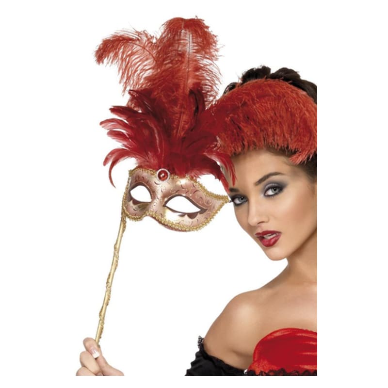 Mask Baroque Red Feathers on Stick