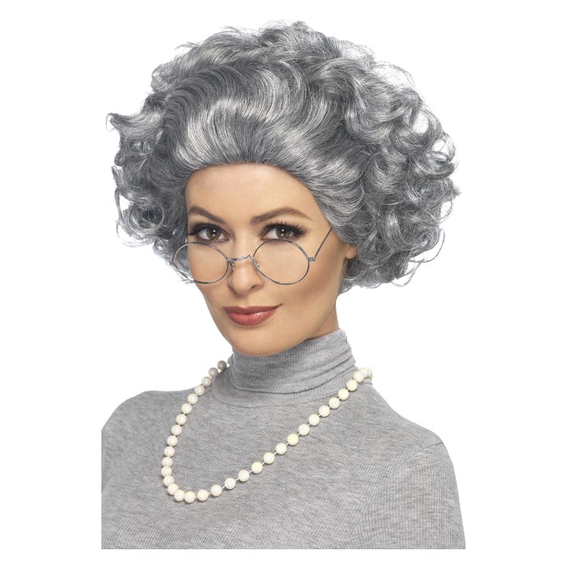 Wig Granny Grey Kit Glasses Necklace
