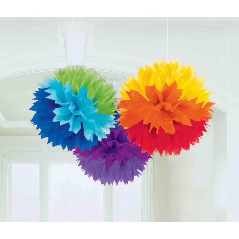 Hanging Fluffy Ball 40cm Rainbow Pk3
