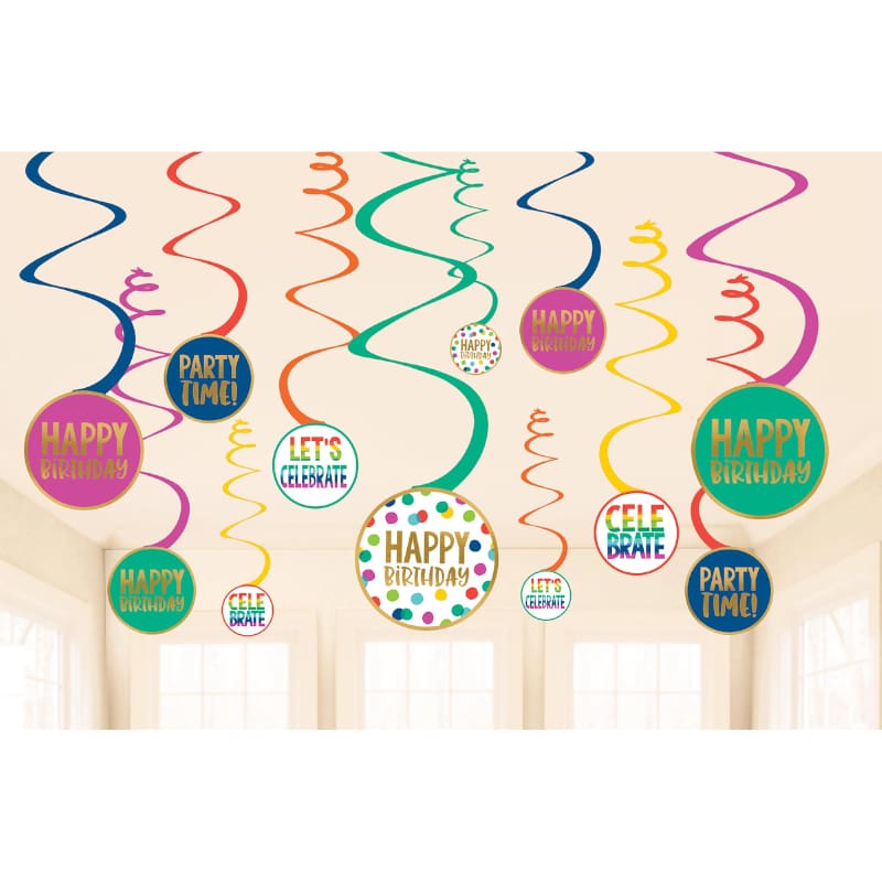 Hanging Swirls Happy Bday Dots Pk12 DNR