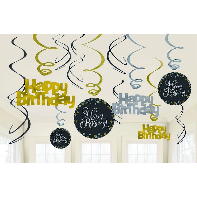 Hanging Swirls Happy Birthday Gold Pk12