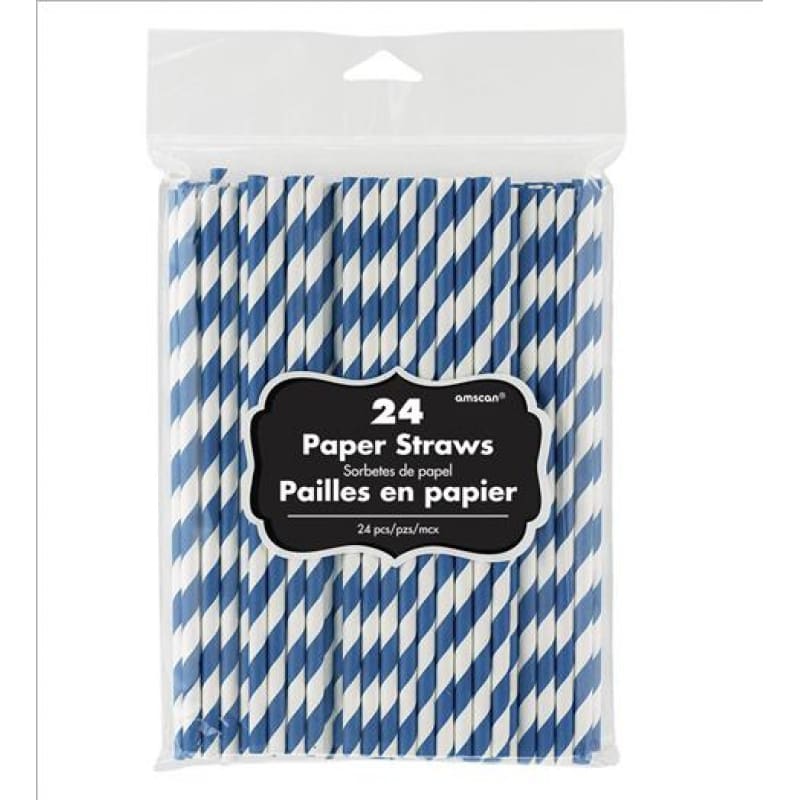 Straws Paper Blue White Pk24