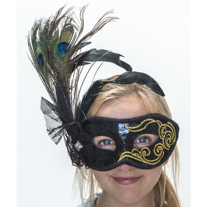Mask Black Gold with Peacock Feather