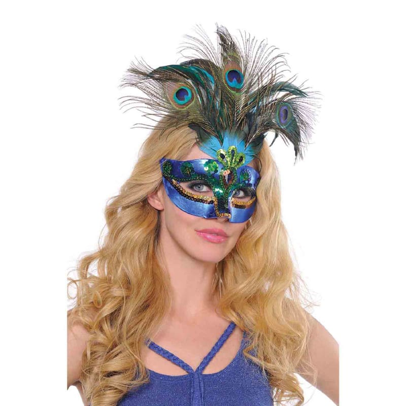 Mask Peacock Blue with Feathers