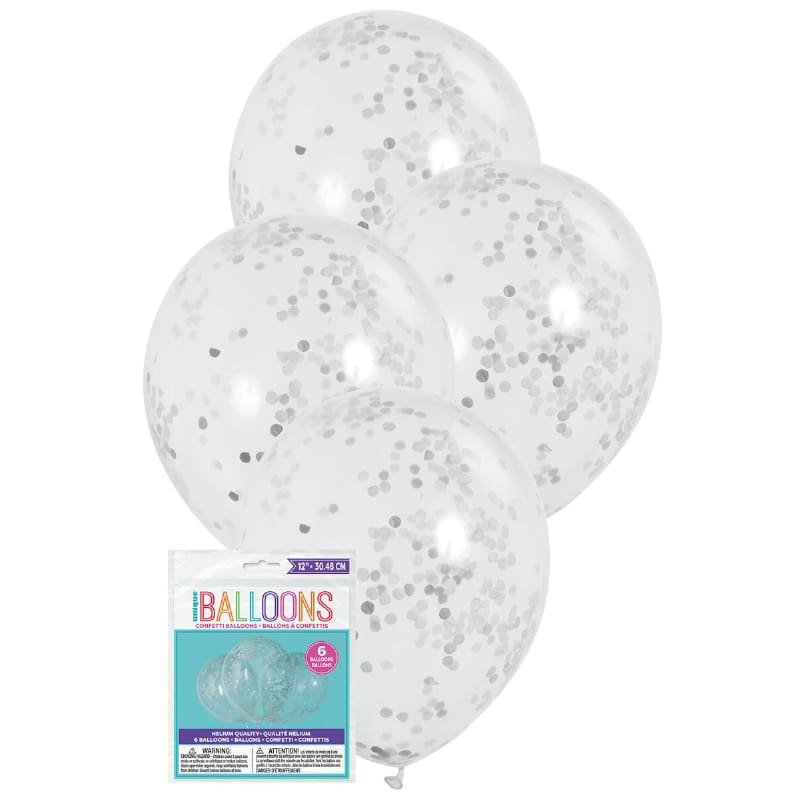 Balloons 30cm Clear Silver Confetti Pk6