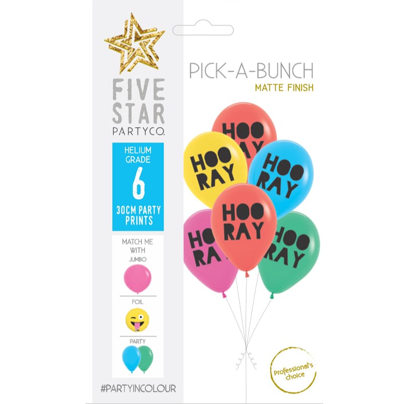 Balloons 30cm 2 Sided HOORAY Asst Pk6