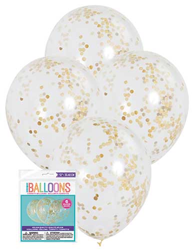 Balloons 30cm Clear Gold Confetti Pk6