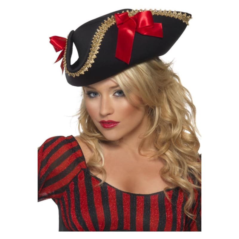 Hat Pirate Tricorn Gold Trim Red Bows