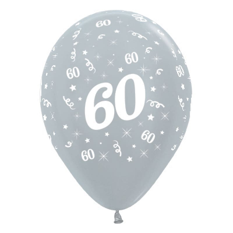 Balloons 30cm AOP 60th Silver Pk6