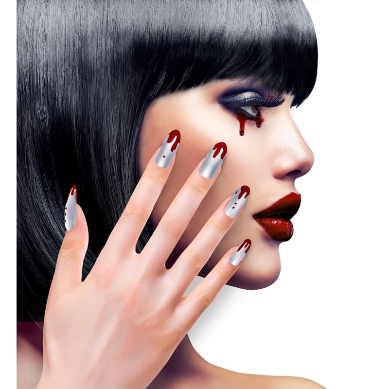 Nails Stick On Silver Blood Tip Pk12