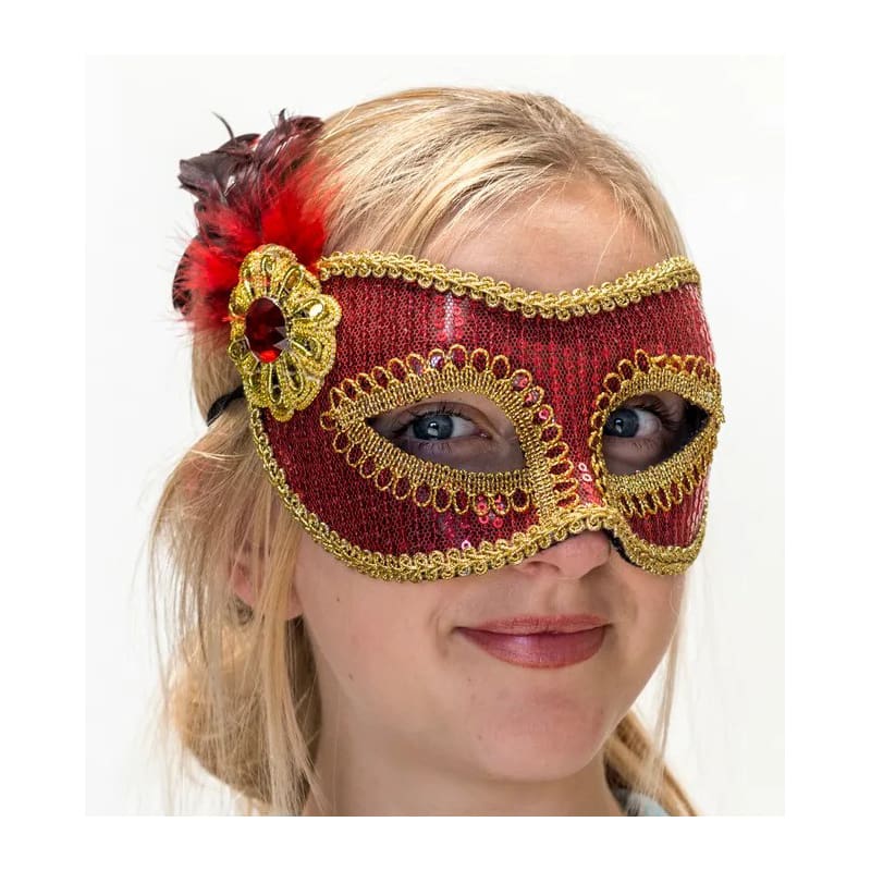 Mask Red Gold Trim with Red Feather