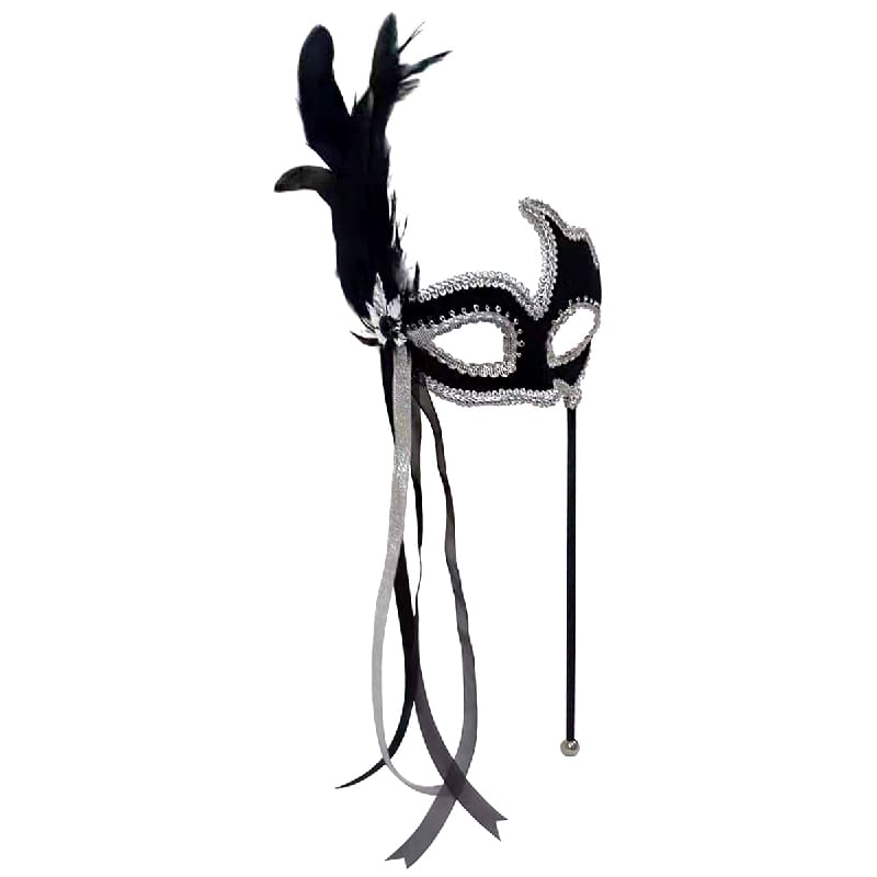 Mask Silver and Black Feather on Stick